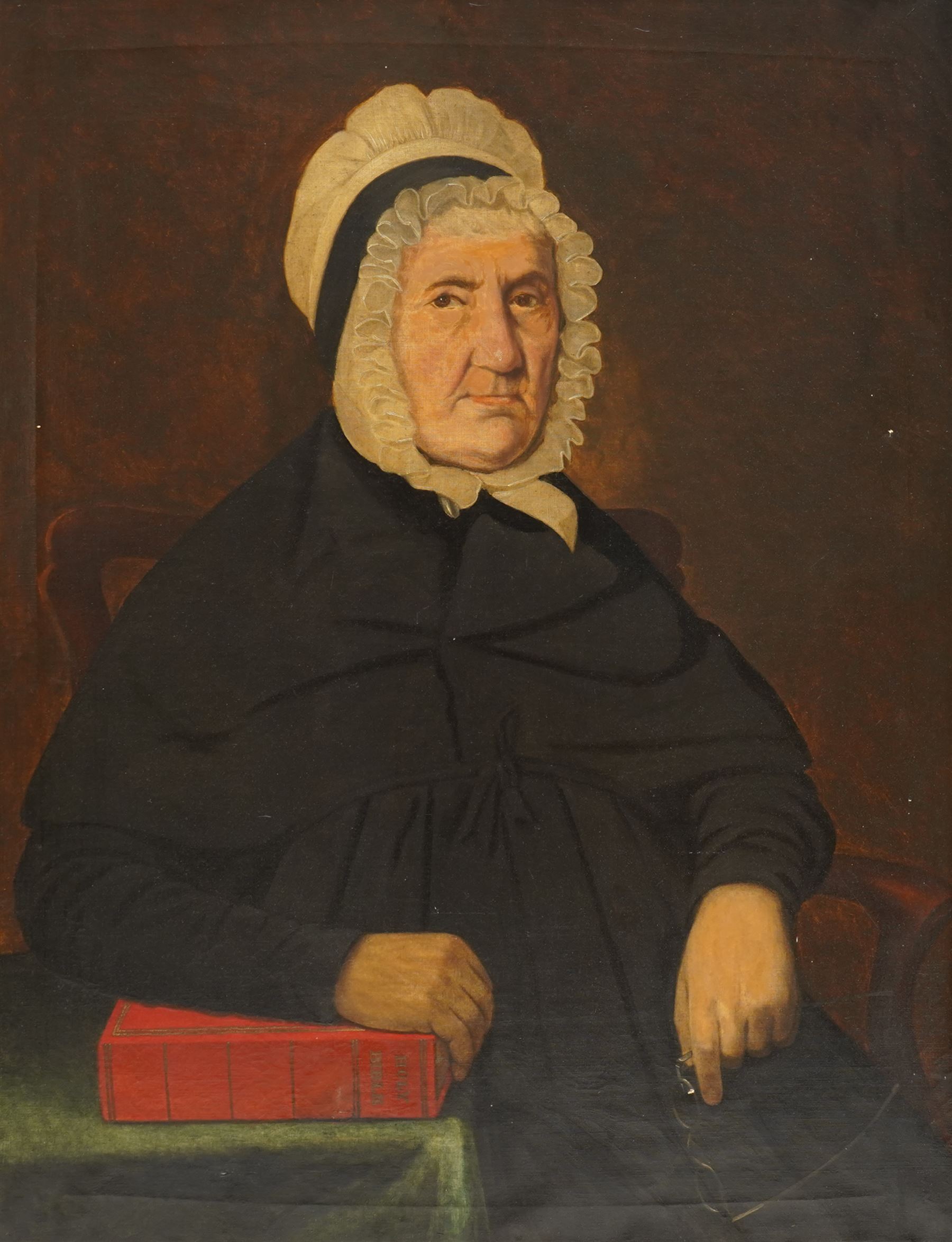 LTH (British Mid-19th century): Portrait of Mary Highley Aged 96 Holding a Holy Bible, oil on canvas signed inscribed and dated 1845 verso 90cm x 70cm