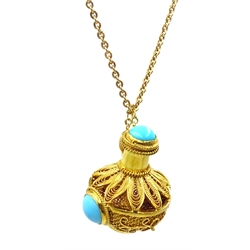  Middle eastern 14k gold incense bottle pendant, turquoise set hinged stopper on chain necklace stamped 9ct  