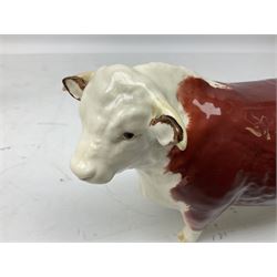 Three Beswick models comprising Hereford Bull no 949, 'CH Cutmil Cupie' Pug, and bay Shire horse, all with printed marks beneath