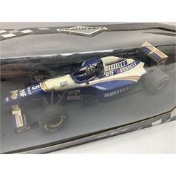 Three Paul's Model Art Grand Prix 1:18 scale die-cast racing cars - Williams Renault FW17 D. Hill; Ferrari 412 T1 J. Alesi; and Ligier Honda JS41 M. Brundle; all boxed (3)