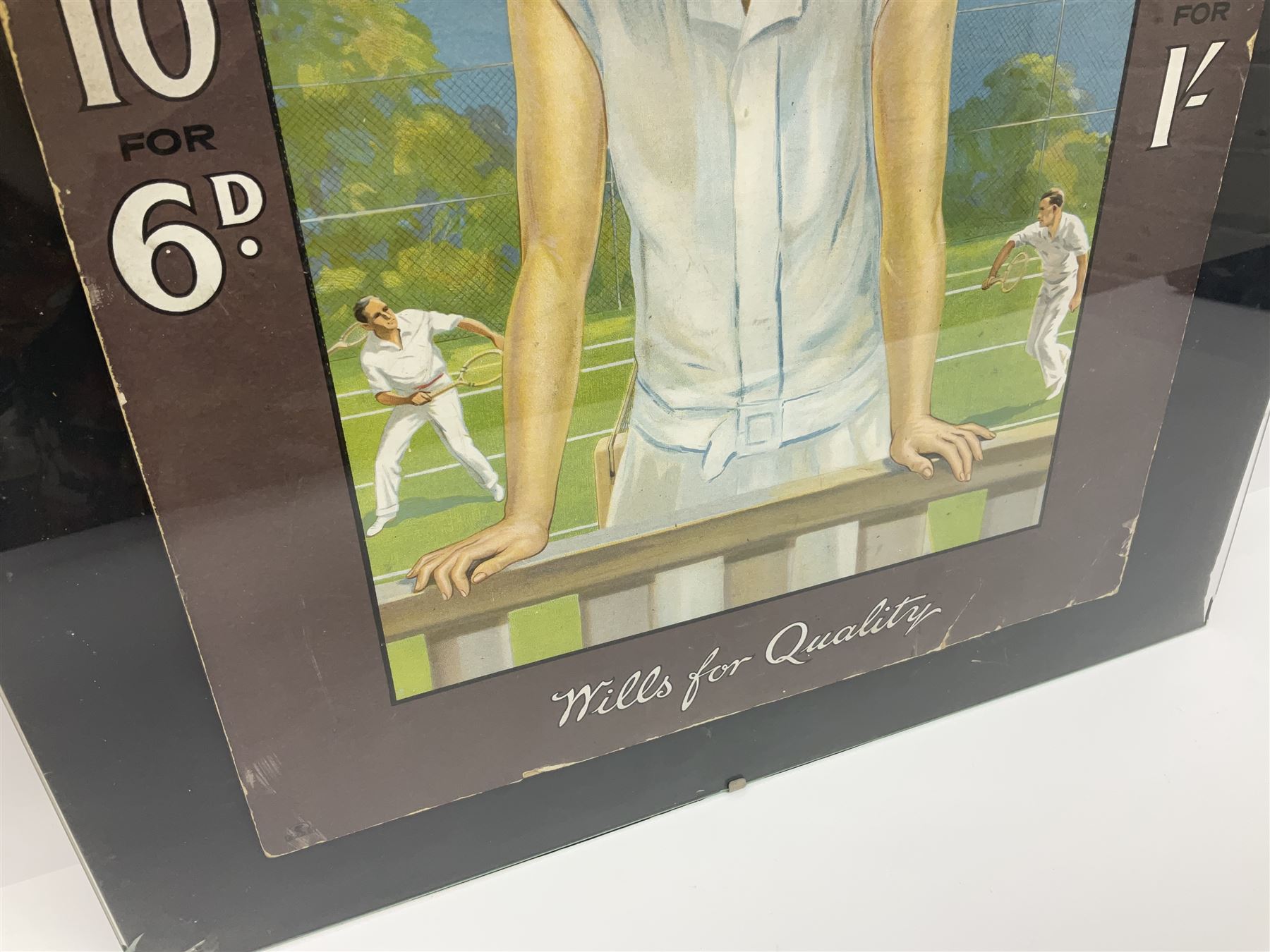 Wills Gold Flake Cigarettes advertising board, framed depicting a lady at the tennis, advert H51cm, L38cm