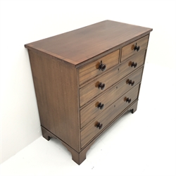 George III mahogany ebony inlaid and cross banded top, two short and three long drawers, turned mahogany handles, shaped bracket supports, W100cm, H92cm, D50cm