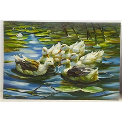  H Richter (20th Century): Ducks Swimming Amongst Lilies, pair oils on board signed 40cm x 60cm unframed (2)  