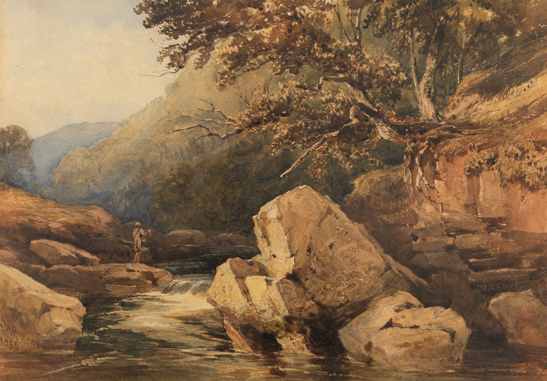 David Hall McKewan (British 1816-1873): View of a River with Distant Fisherman, watercolour signed and dated 1856, 26cm x 37.5cm 