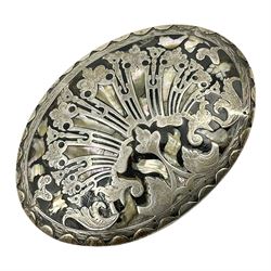 18th century silver plated oval snuff box with tortoiseshell lid inlaid with silver and mother of pearl 