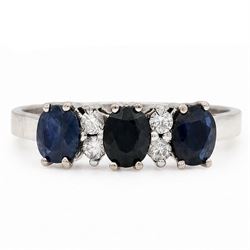 18ct white gold sapphire and diamond ring, three oval cut sapphires spaced by three round ...