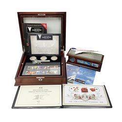 Danbury Mint 'The Ultimate James Bond Collection' comprising stamps and coins housed in a display case, 'Concorde Queen of the Skies' sculpture, stamps, medallion display and 2020 'Centenary of the Unknown Warrior' five pound coin cover in Harrington and Byrne folder