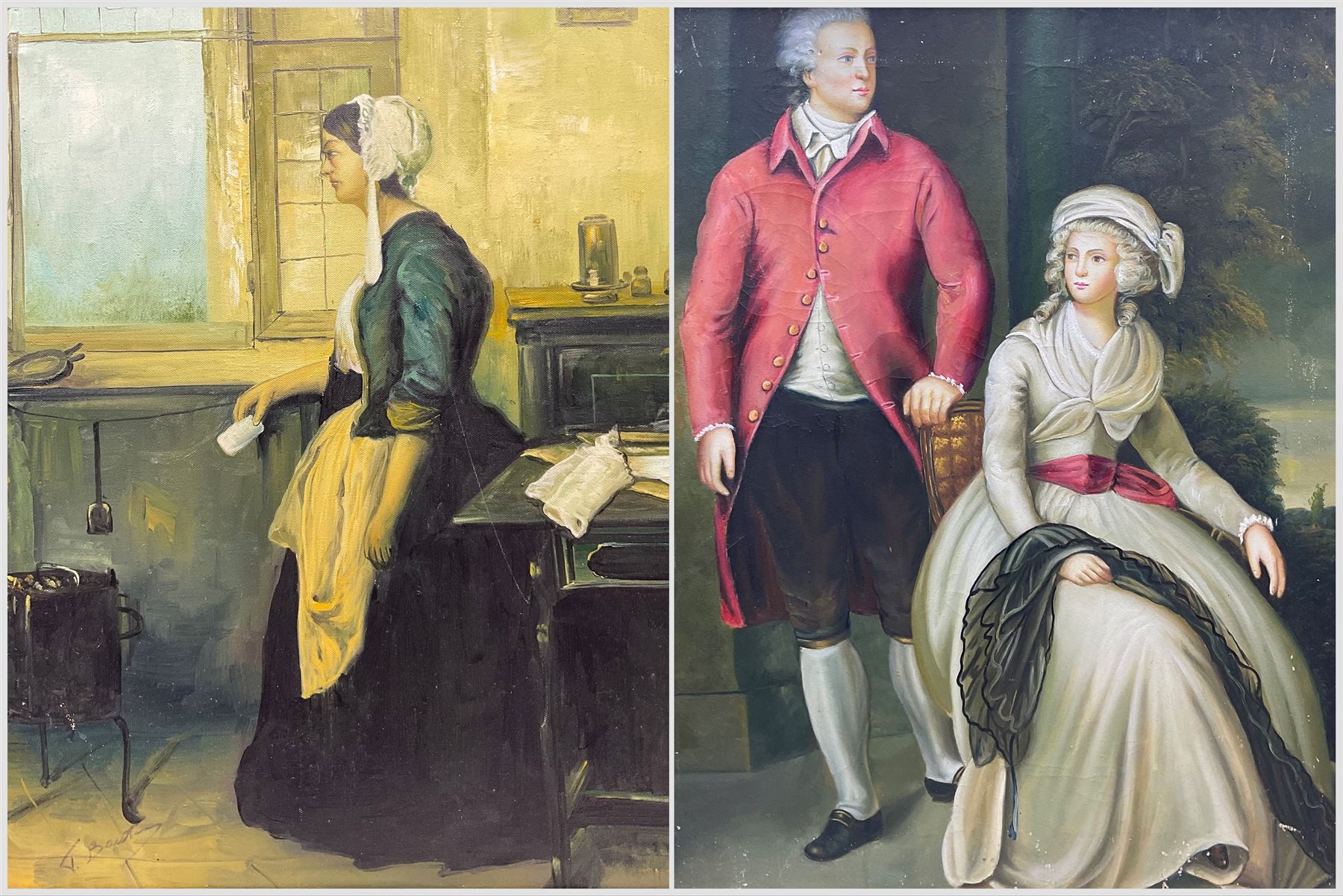 After Sir Thomas Lawrence (British 1769-1830): Mr and Mrs John Julius Angerstein, oil on canvas unsigned, titled on the mount 58cm x 49cm; After Domenico Induno (Italian 1815-1878): The Letter, oil on canvas signed 58cm x 49cm (2)