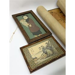 Chinese and Japanese watercolours, Japanese framed applique picture of a figure together with two Chinese scroll wall hangings 