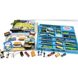 Thomas The Tank Engine and Friends - over forty unboxed models and figures by ERTL with moulded plastic wall mounting display rack; Hornby Clockwork Train Set; and Tomy Big Fun Jig-Saw Play Train; both boxed