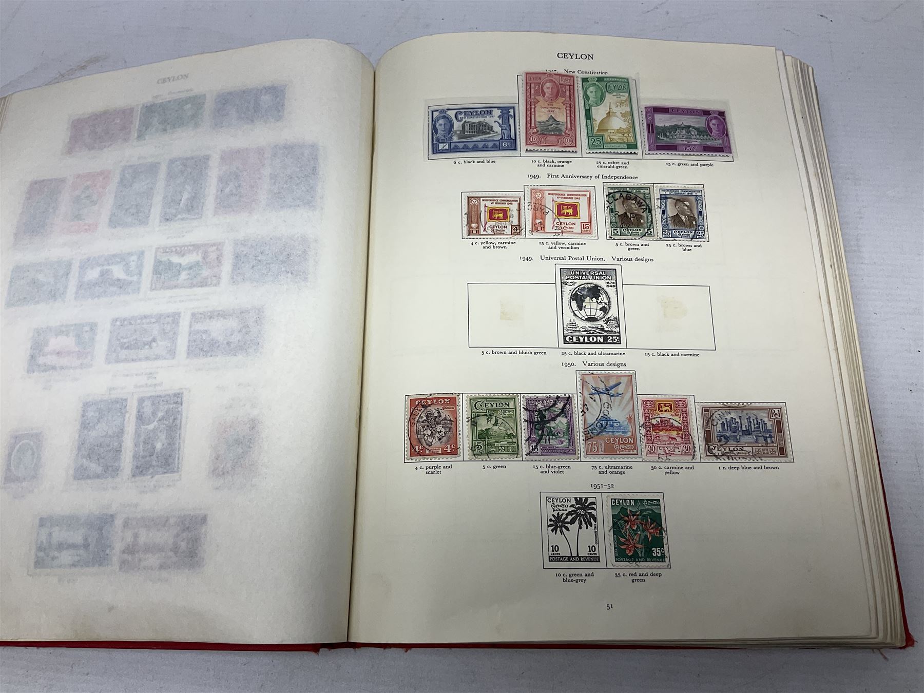 Single album collection of King George VI stamps, including Aden, Antigua, Ascension, Australia, Bahamas, Bahrain, Barbados, Basutoland, Bechuanaland, Bermuda, British Solomon Islands, Brunei, Burma, Cayman Islands, Dominica, Falkland Islands, Gambia, Gilbert and Ellice Islands, Gold Coast, Great Britain 1939-48 set to one pound including ten shilling dark blue, Grenada, Hong Kong, India, Ireland, Jamaica, Leeward Islands, Malta, Mauritius, New Zealand etc
