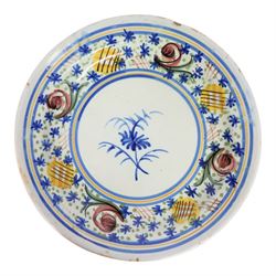 Pair of 20th century Spanish tin glazed polychrome plates, each painted with central foliate spray, within a stylised border, D32cm 