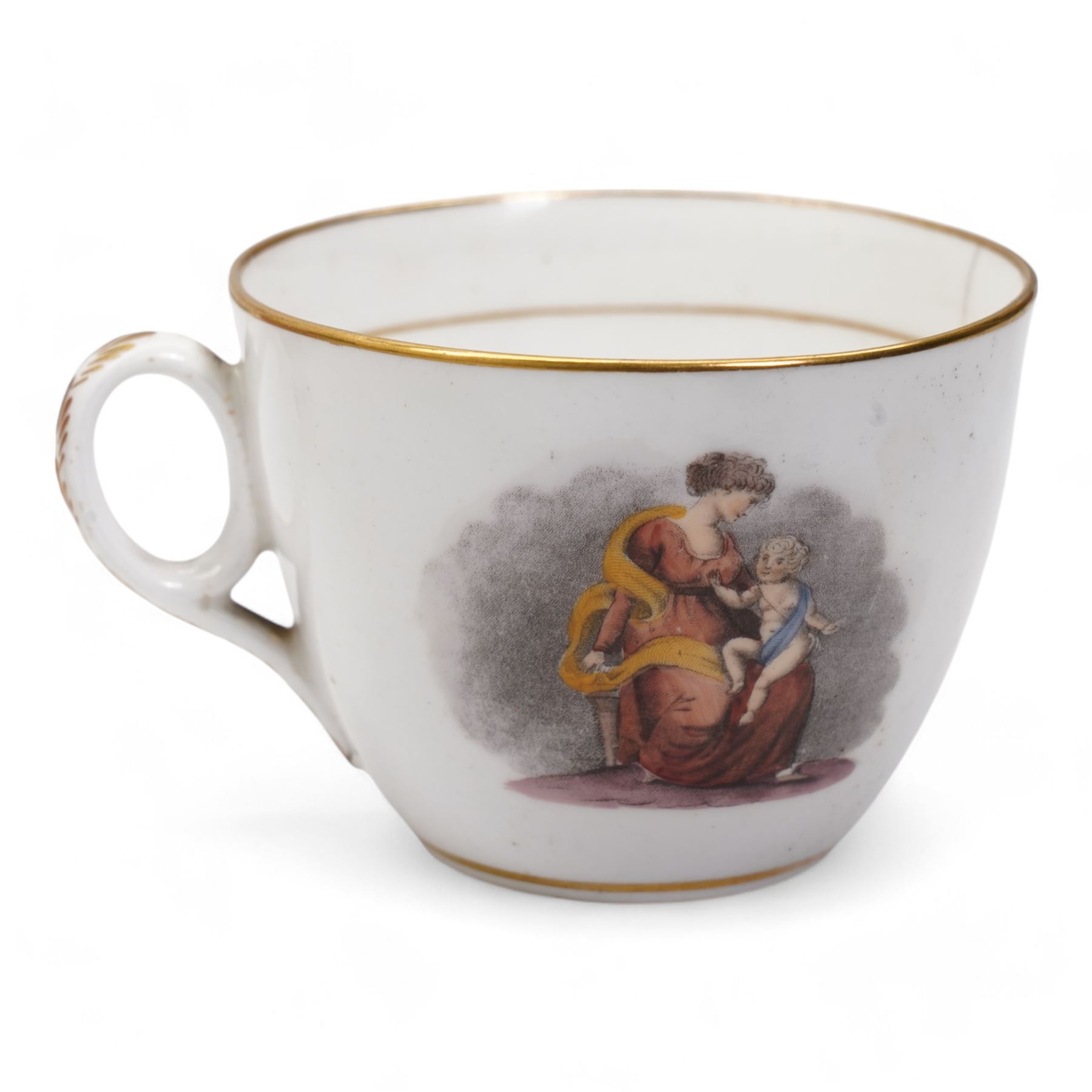 Two porcelain trios by James Bell, Glasgow, each painted with panels of Scottish landscapes, within gilt borders on pink ground, Newhall bute shape teacup, decorated in the Mother and Child pattern, Thomas Wolfe silver lustre teapot and circular dish, together with a Derby cup and saucer 