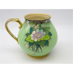  Carlton Ware 'Lace Cap Hydrangea' pattern jug c1930, decorated with gilt floral sprays on green ground, pattern no. 3966, H17cm  