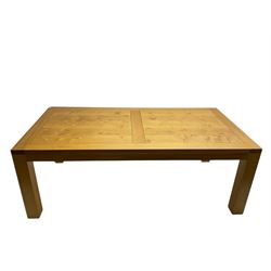 Large pippy oak rectangular dining table, square block leg, and six high back upholstered chairs, retailed by Chapmans of Newcastle