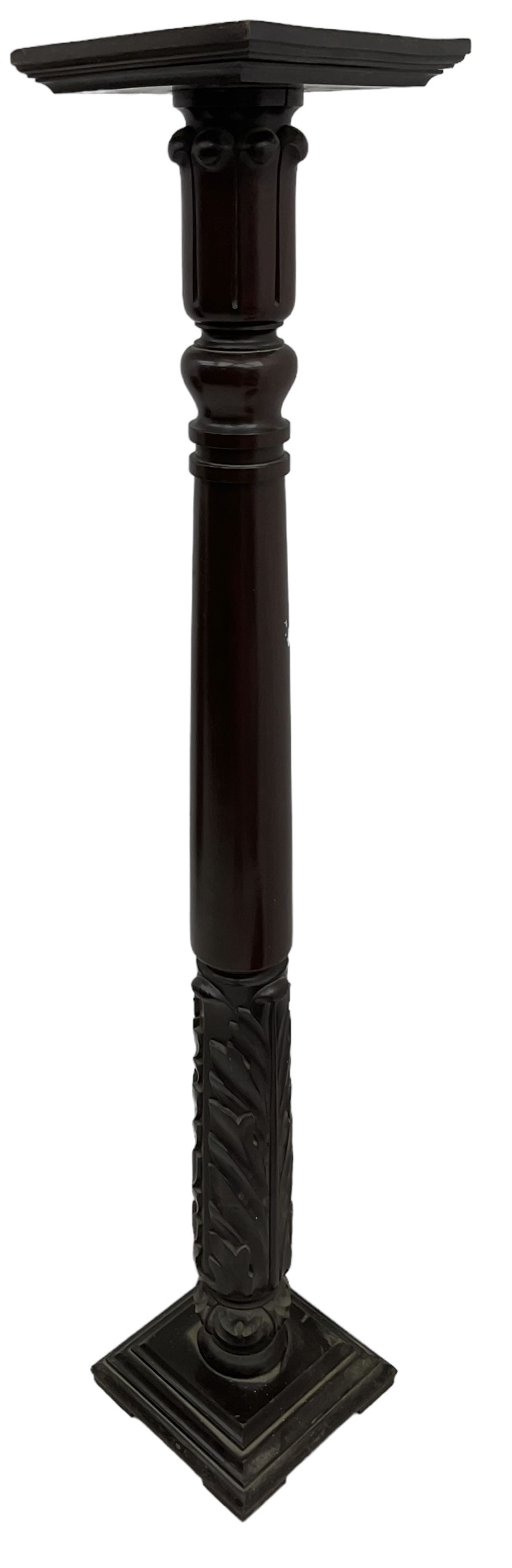 Victorian mahogany torchère or plant stand, square moulded top over turned column with lappet capital, carved with acanthus leaves, on stepped moulded square base