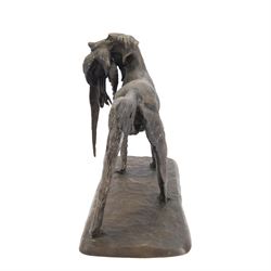 Bronze sculpture of a gundog retrieving a pheasant, finely cast with detailed coat and featherwork, mounted on a textured rectangular base