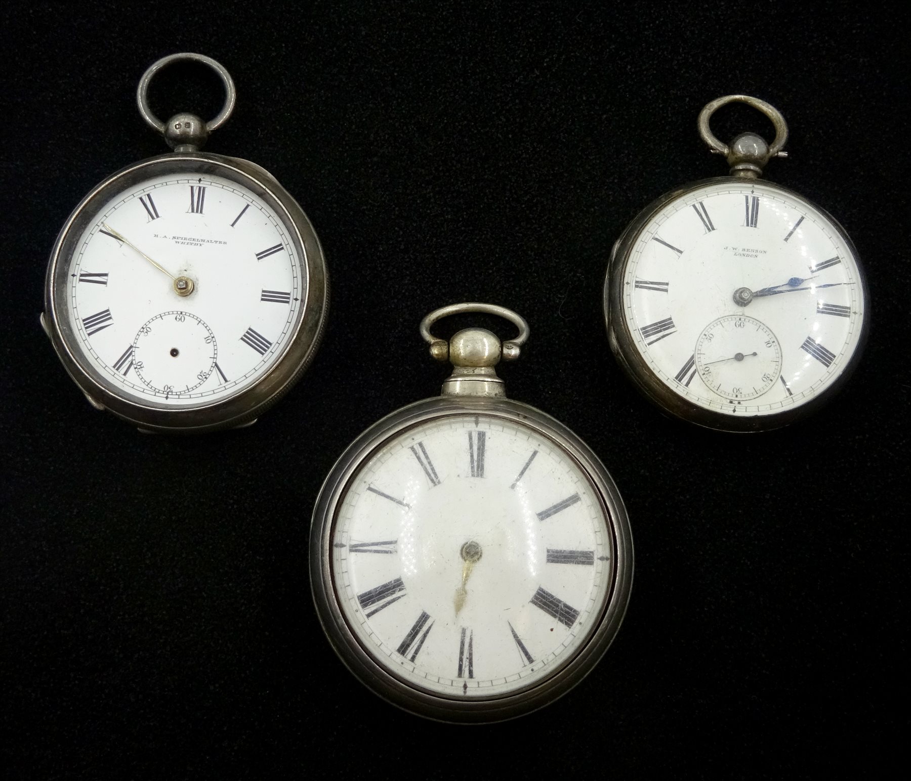 Victorian pair cased pocket watch by W. Hill, Whitby No.7008, case by Vale & Rotherham (probably), Birmingham 1834, Waltham Mass silver pocket watch No.7519269 retailed by H. A Spiegelhalter, Whitby and a J. W Benson silver pocket watch (3)