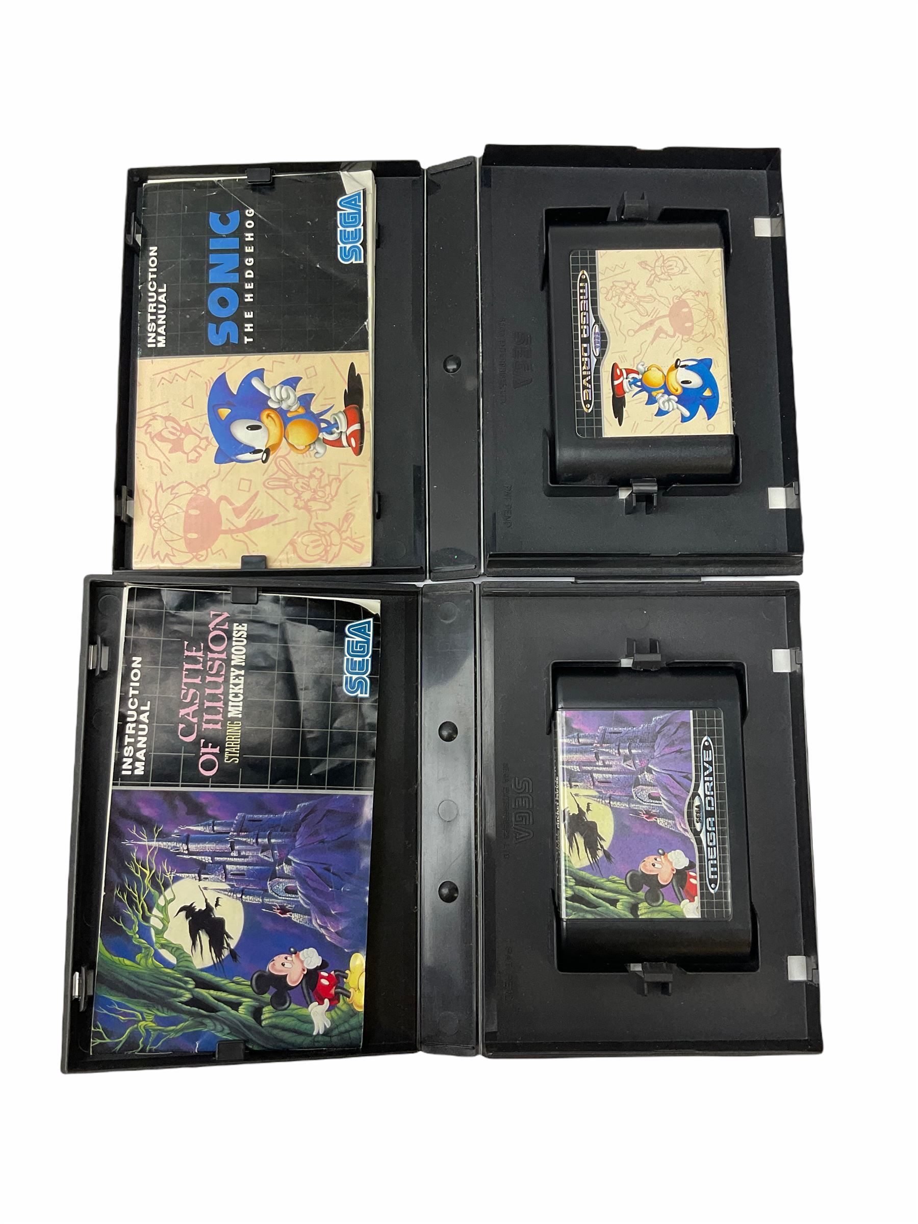 1990s Sega Megadrive 16bit games console with five games comprising Sonic the Hedgehog, Fifa International Soccer, Mickey Mouse Castle of Illusion, MicroMachines 2 Turbo Tournament and 1994 Lillehammer Winter Olympics, boxed with instructions