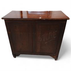 Regency mahogany cupboard, rectangular shaped top over two cock-beaded frieze drawers, fitted with brass Yorkshire rose pull handles, over two panelled and cross-banded cupboards, flanked by reeded uprights, raised on curved feet