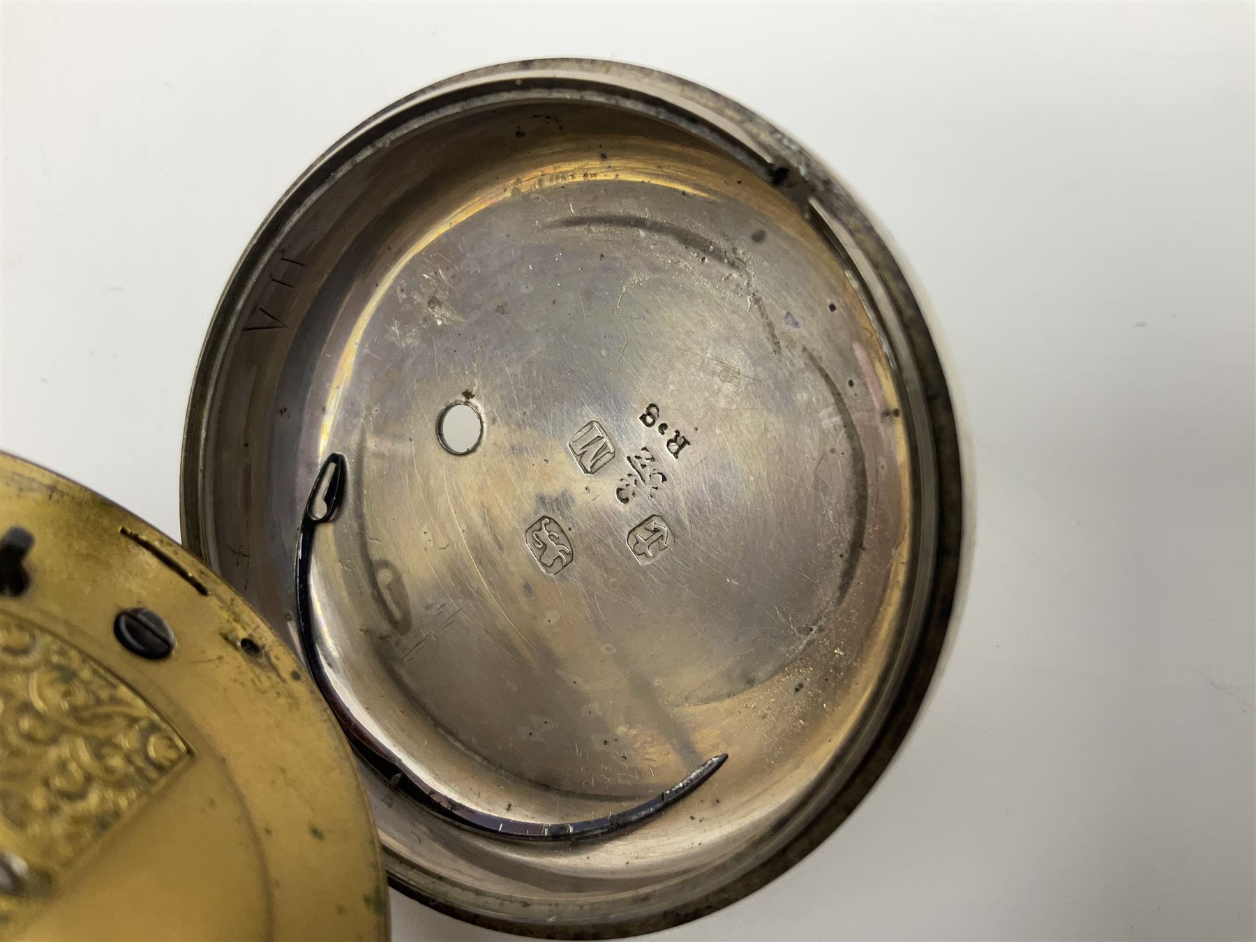 Victorian silver pair cased fusee lever pocket watch, No. 6765, cream enamel dial with Roman numerals, case makers mark R.S, Birmingham 1861, on silver Albert chain