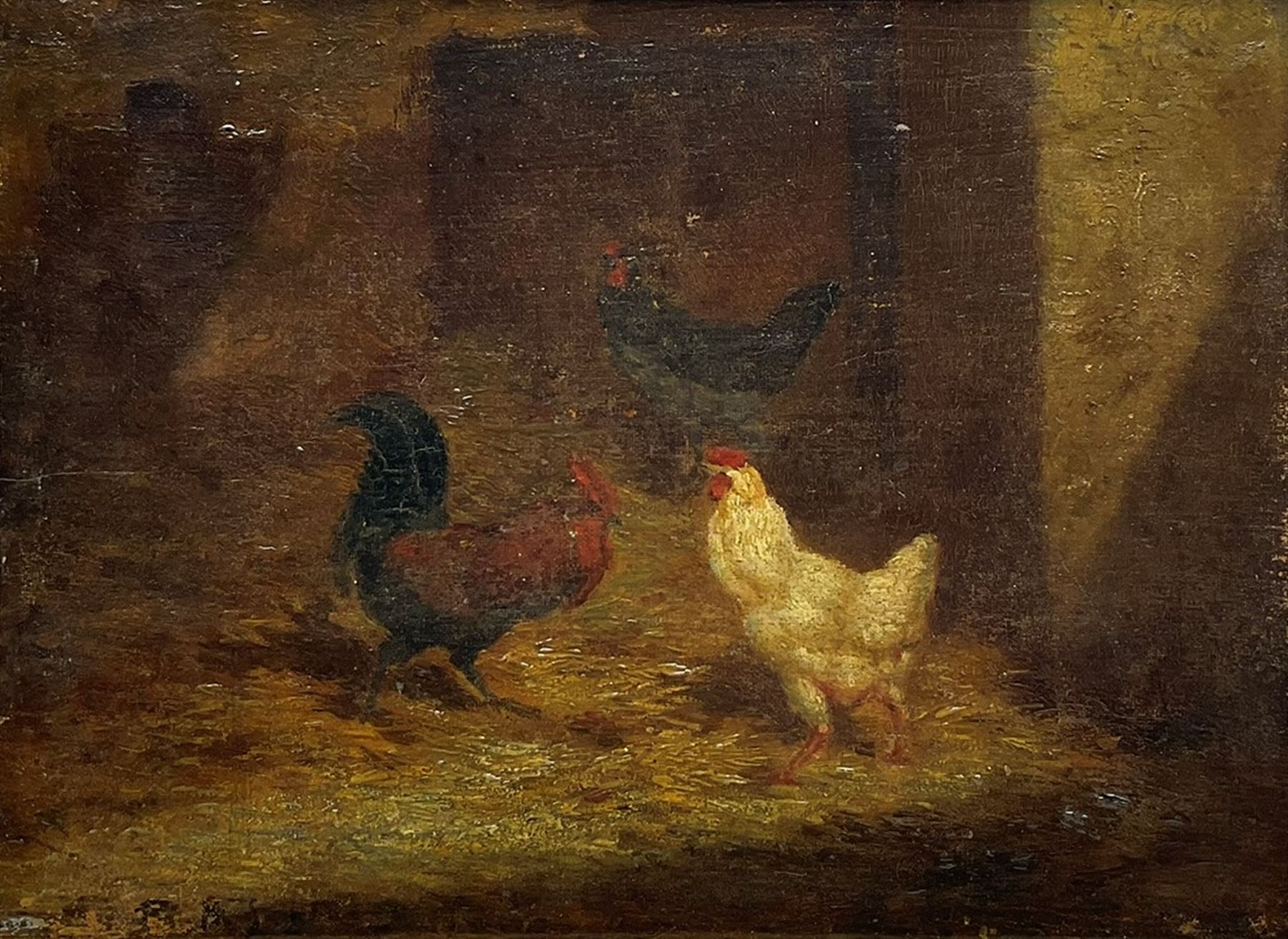 Paul Henry Schouten (Belgian 1860-1922): Chickens in a Barn, oil on canvas laid on panel signed 25cm x 34cm