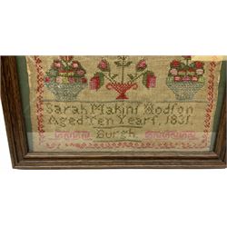 Early Victorian sampler, worked by Sarah Makin Hodfon [?] Aged 10, dated 1831, depicting urns of flowers beneath lines of alphabet, and further detailed with various bands including key and strawberry vine, framed and glazed, overall H35cm W32cm, together with a later George V sampler depicting similar motifs and dated 1927, framed and glazed, overall H28.5cm W22cm