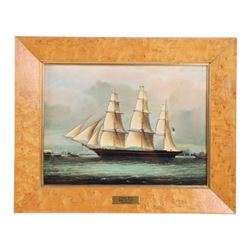 Set of Six Wedgwood plaques, each decorated with a clipper ship, inscribed to the reverse, in maple frames, 25cmx31cm