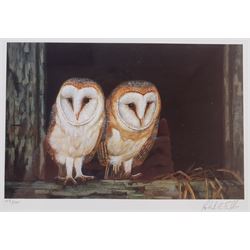 Robert E Fuller (British 1972-): Two Barn Owls, limited edition colour print signed and numbered 107/200 in pencil. Generously donated by David Duggleby         Auctioneers & Valuers