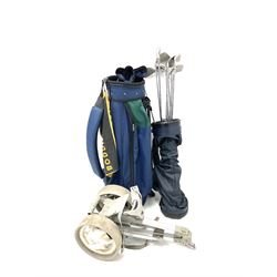 Collection of Ping golf clubs in carry bag, another carry bag and trolley