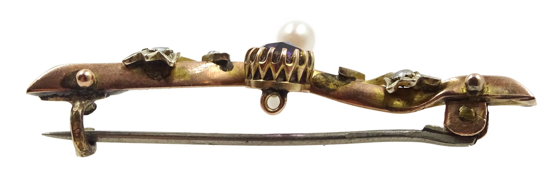 Edwardian gold amethyst, seed pearl and pearl brooch, stamped 9ct