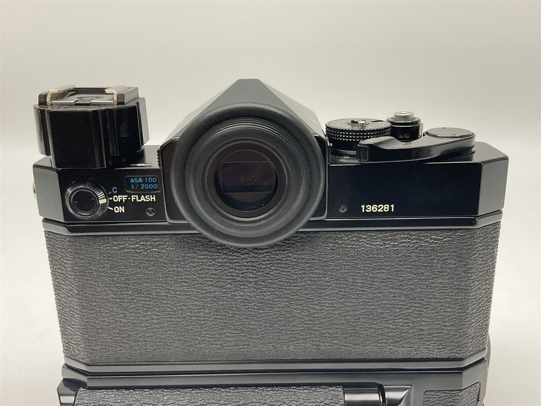 Canon F1 camera body, serial no. 136281, with 'Canon FD 50mm 1:1.8 S.C' lens, serial no.1702944 and Canon F Power winder, serial no.120072