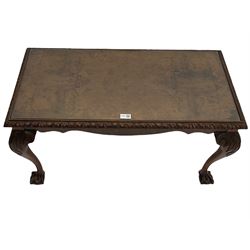 Mid 20th century figured walnut rectangular coffee table, inset glass top, on acanthus carved cabriole supports with ball and claw feet