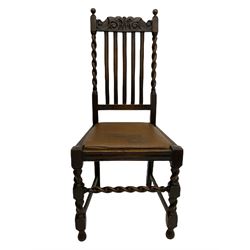 Set of six (4+2) 19th century oak dining chairs, the scroll carved cresting rails over spiral turned supports and drop in upholstered seats, 