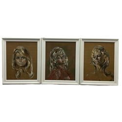 Betty Raphael (British 20th century): Portrait of a 60s Female, set three oils on hessian canvas signed 50cm x 39cm (3)