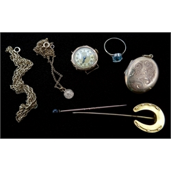  Victorian 15ct gold (tested) horseshoe stick pin, agate hat pin, 9ct gold watch, chain necklaces clasps stamped 9ct, costume jewellery  