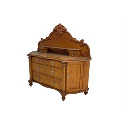 Victorian pine dresser or chiffonier side cabinet, shaped raised back carved with foliage, fitted with three drawers and two cupboards, on turned feet