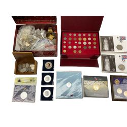 Great British and World coins, including two five pound coin covers, pre-decimal coinage, pre-Euro coins, coins trays in carry case, Queen Elizabeth II Gibraltar 2004 crown, Bailiwick of Jersey 2021 fifty pence etc, in one box