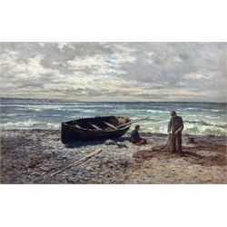 Joseph Henderson RSW (Scottish 1832-1908): ’Cleaning the Nets’ with a Rowing Boat on the Shore, oil on canvas signed, titled on the stretcher 70cm x 111cm