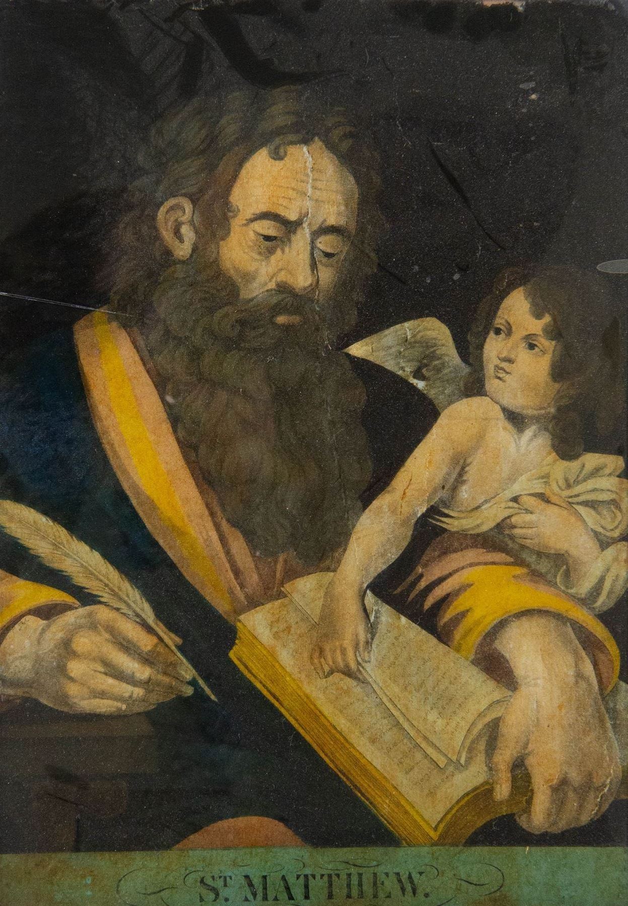 Four mid-19th century reverse glass mezzotints, 'Joseph sold by his brethren to the Ishmaelites' 'St Luke' 'St John' and 'St Matthew', 34cm x 24cm (4)