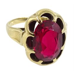 Pearl bead and 9ct gold bar necklace, hallmarked and a 9ct gold red stone set ring