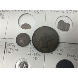 Coins including George III 1807 penny, George IV 1821 farthing, France Napoleon III 1867 one franc etc