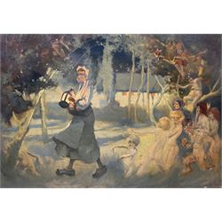 Richard Edward Clarke (British 1878-1954): 'The Haunted Orchard', oil on panel signed, original title label with artist's Scarborough address verso 35cm x 51cm (unframed) 
Notes: Clarke, born in Scarborough, studied under Albert Strange at the Art School where later he became acting Headmaster, also teaching at Pickering Grammar School.