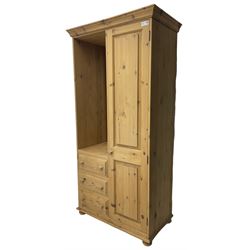 Traditional pine combination wardrobe, recessed cupboard with mirror back, fitted with single cupboard and three drawers