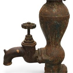 Early 20th century cast iron floor standing water pump, cylindrical column with bulbous chamber, side spout with star-shaped tap, lever action mechanism with ratchet adjustment, flanged circular base, H 127cm