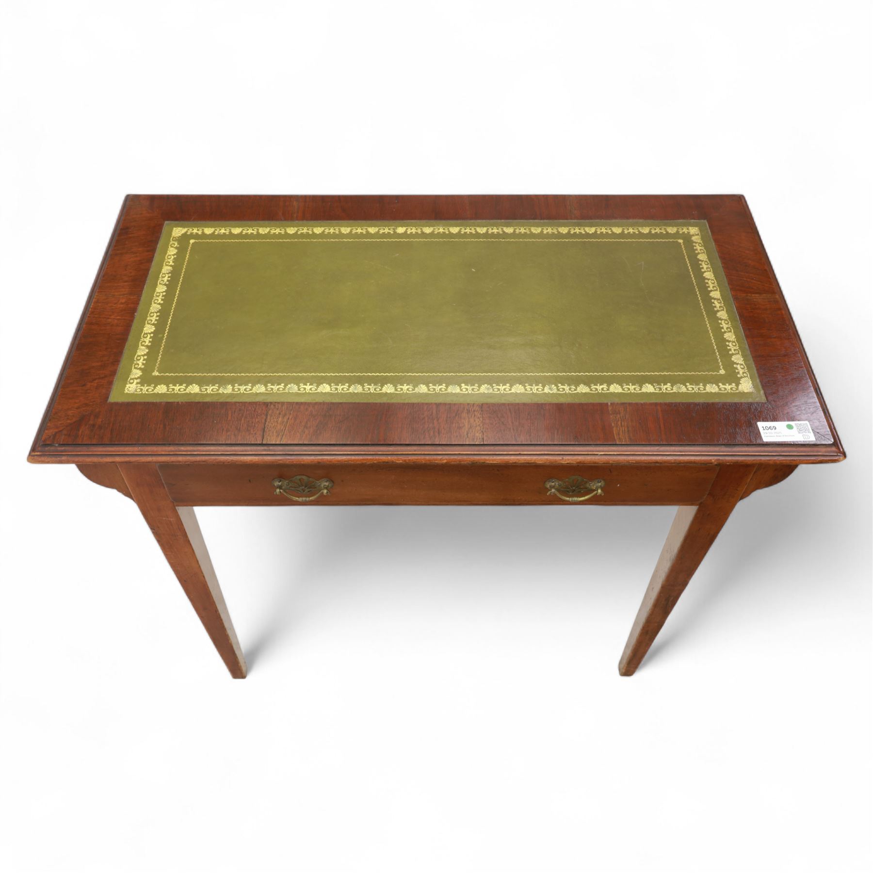 Edwardian writing table, rectangular inset with gilt-tooled leather, single frieze drawer, raised on square-section tapered legs 