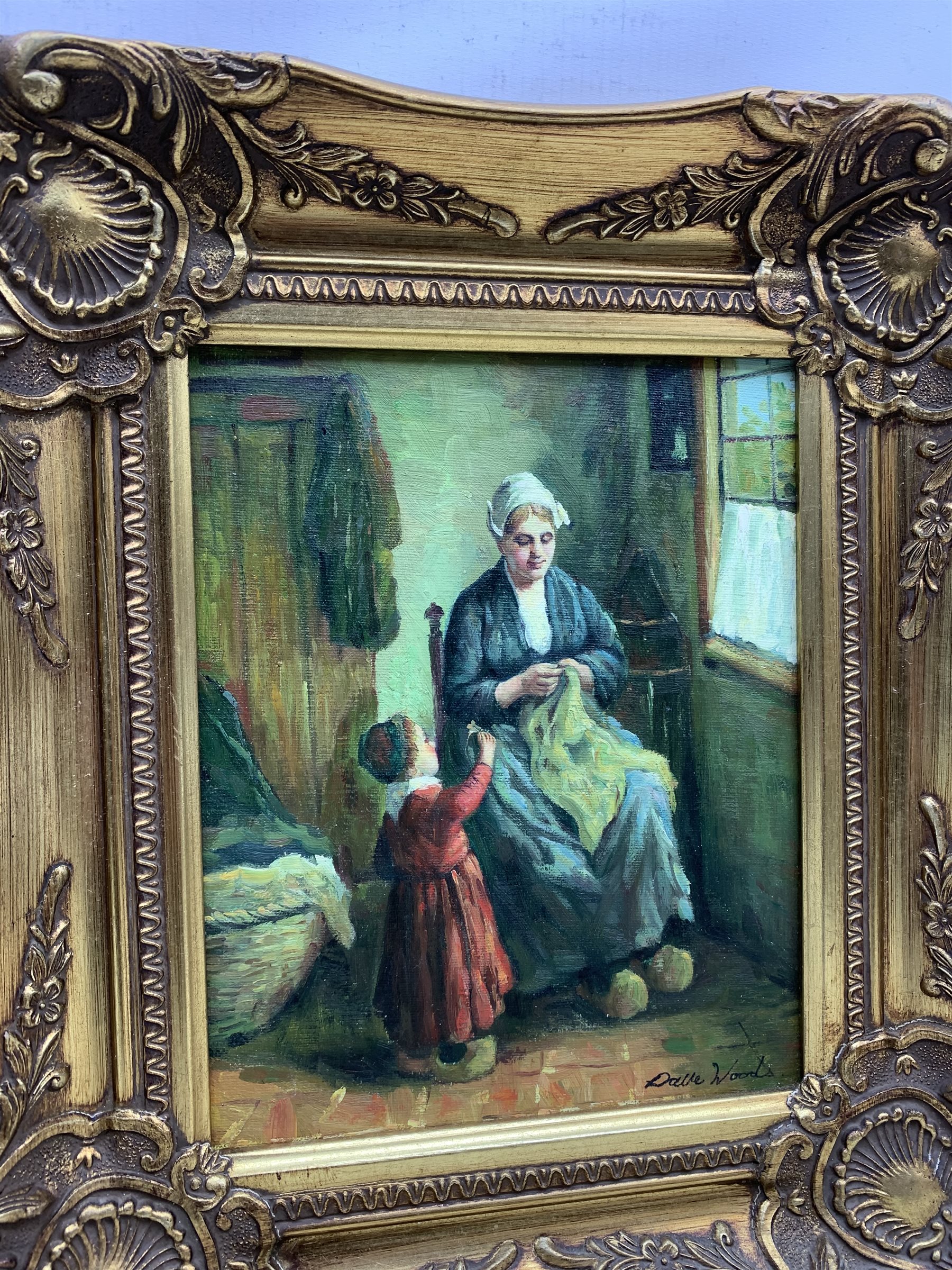Dutch School (Late 20th century): Mothers and Children, pair oils on board indistinctly signed 24cm x 19cm (2) 