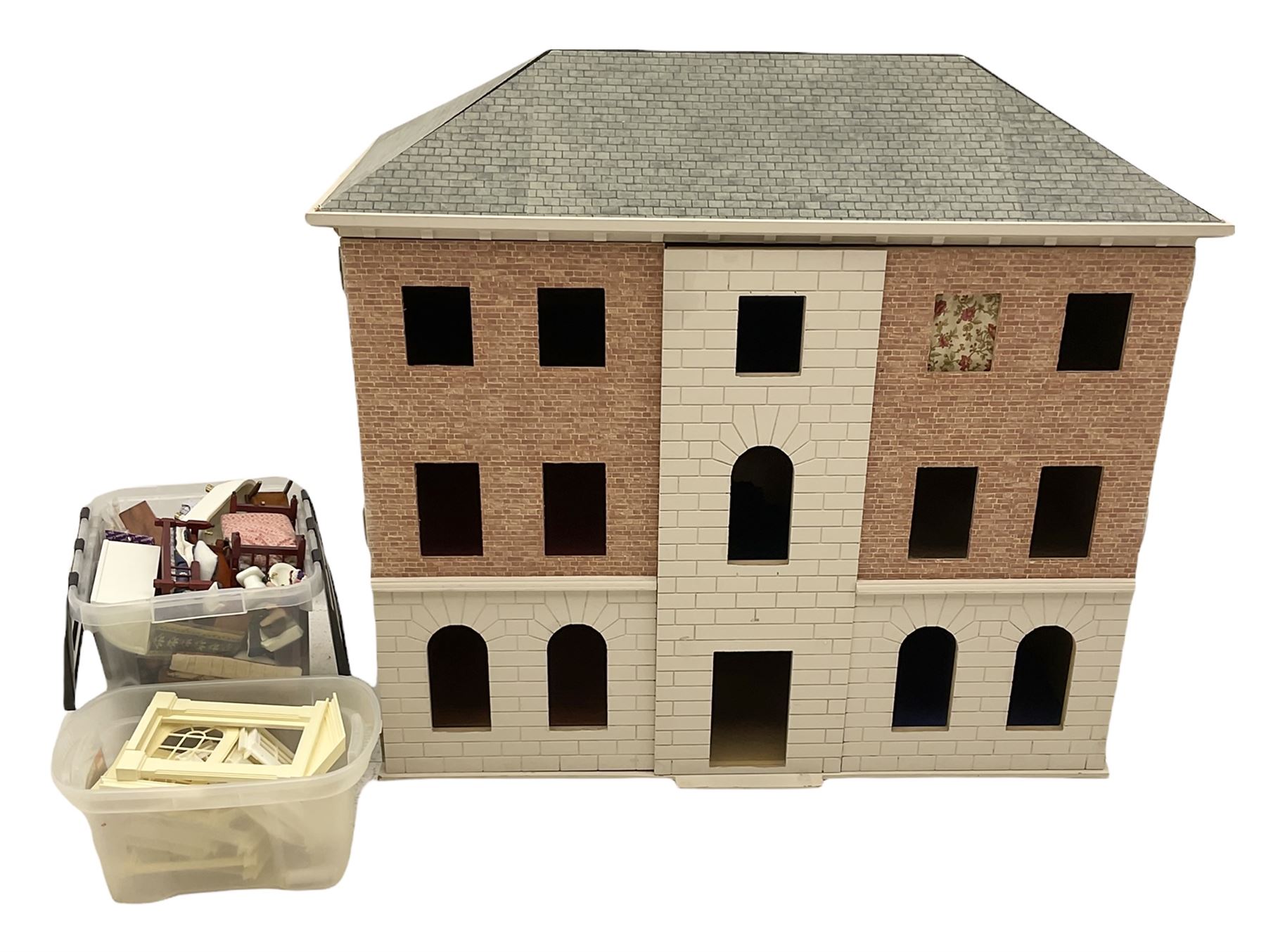 Georgian style paper lined wooden dolls house, three storey with wooden and plastic accessories and window fixtures, H90cm, W96cm, D52cm