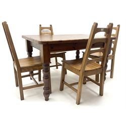 Rectangular pine farmhouse style table, turned supports (W122cm, H79cm, D91cm) and set four ladder back dining chairs (W43cm)