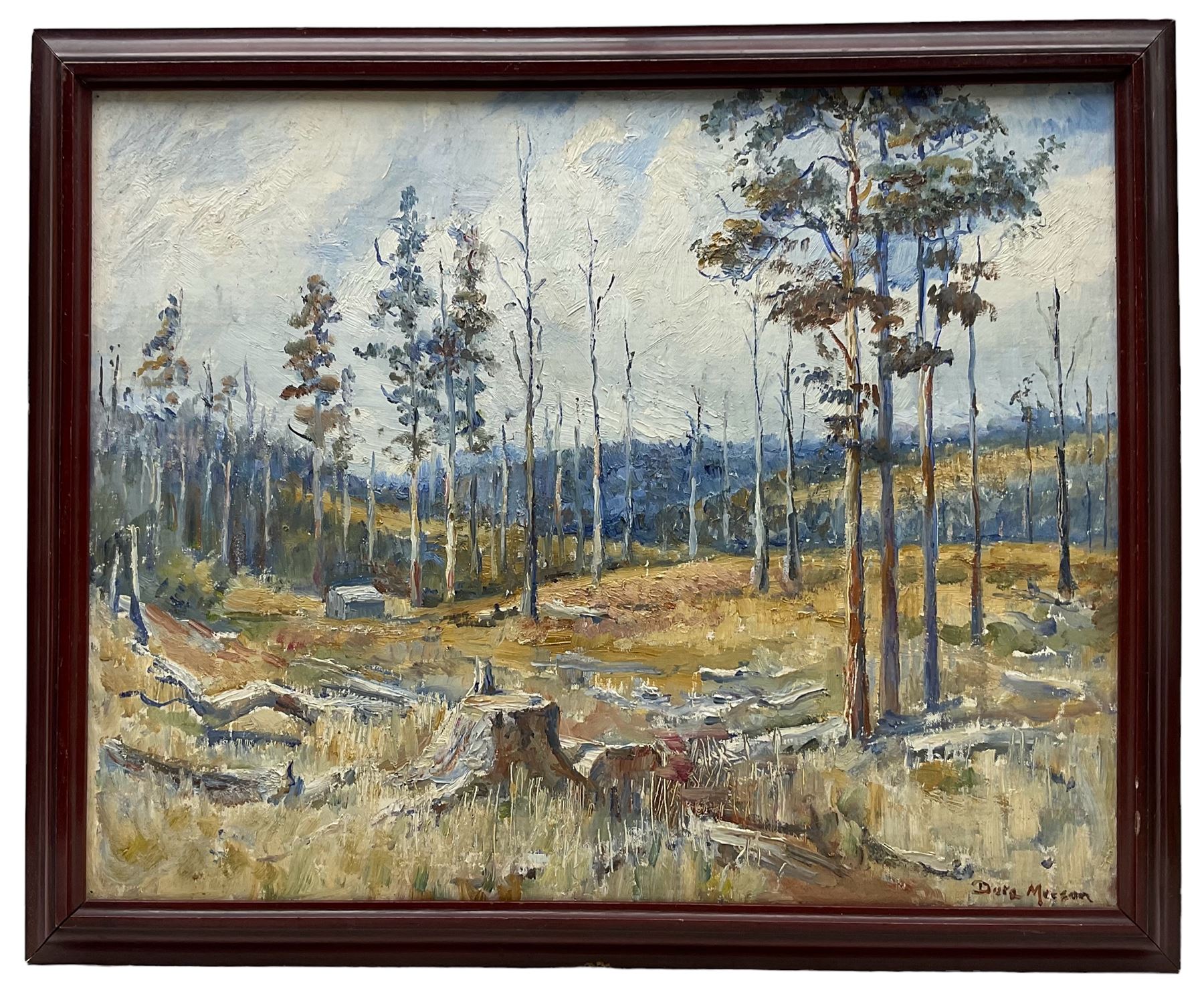 Dora Meeson Coates (Australian 1869-1955): 'A Fresh Clearing Australia', oil on board signed, titled verso on artist's Chelsea address label verso 40cm x 50cm 
Provenance: exh. W.I.A.C., label verso
Notes: Meeson was elected member of the Royal Institute of Oil Painters in London. She was also a member of the British Artists' Suffrage League